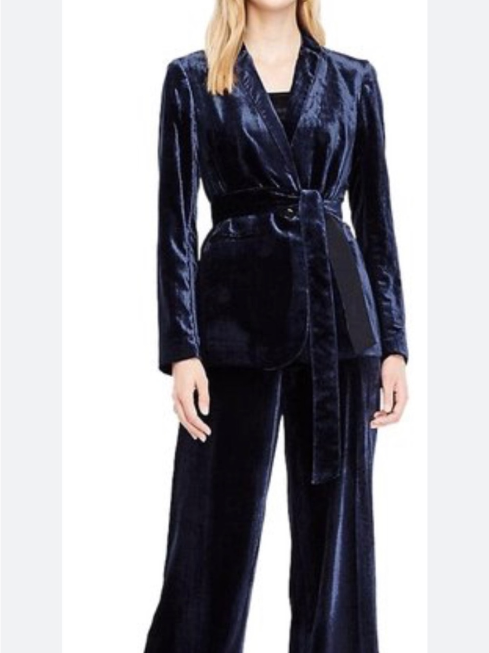 Ann Taylor Navy Velvet Belted Blazer with Wide-Leg Pants